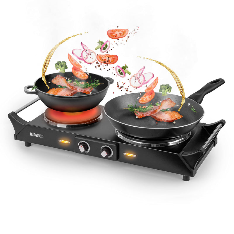 Duronic Hot Plate HP2 BK, Table Top Cooking, 2500W Black Steel Electric Double Hob with Handles, 2 Cast Iron Portable Hob Burner Rings (1500W & 1000W) for Home Kitchen, Pots, Camping - Black