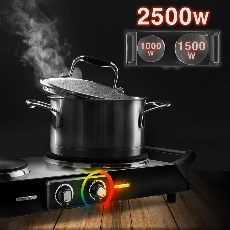 Duronic Hot Plate HP2 BK, Table Top Cooking, 2500W Black Steel Electric Double Hob with Handles, 2 Cast Iron Portable Hob Burner Rings (1500W & 1000W) for Home Kitchen, Pots, Camping - Black