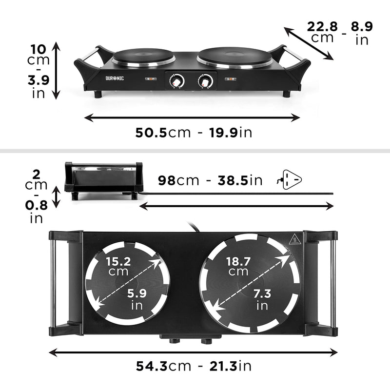 Duronic Hot Plate HP2 BK, Table Top Cooking, 2500W Black Steel Electric Double Hob with Handles, 2 Cast Iron Portable Hob Burner Rings (1500W & 1000W) for Home Kitchen, Pots, Camping - Black