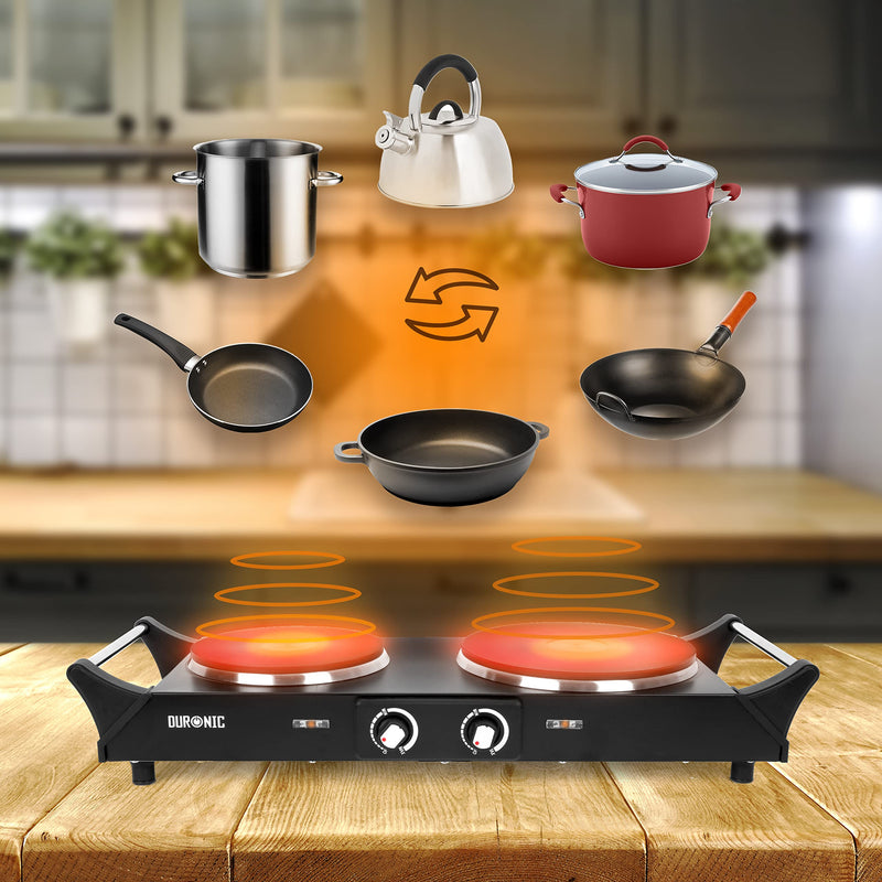 Duronic Hot Plate HP2 BK, Table Top Cooking, 2500W Black Steel Electric Double Hob with Handles, 2 Cast Iron Portable Hob Burner Rings (1500W & 1000W) for Home Kitchen, Pots, Camping - Black