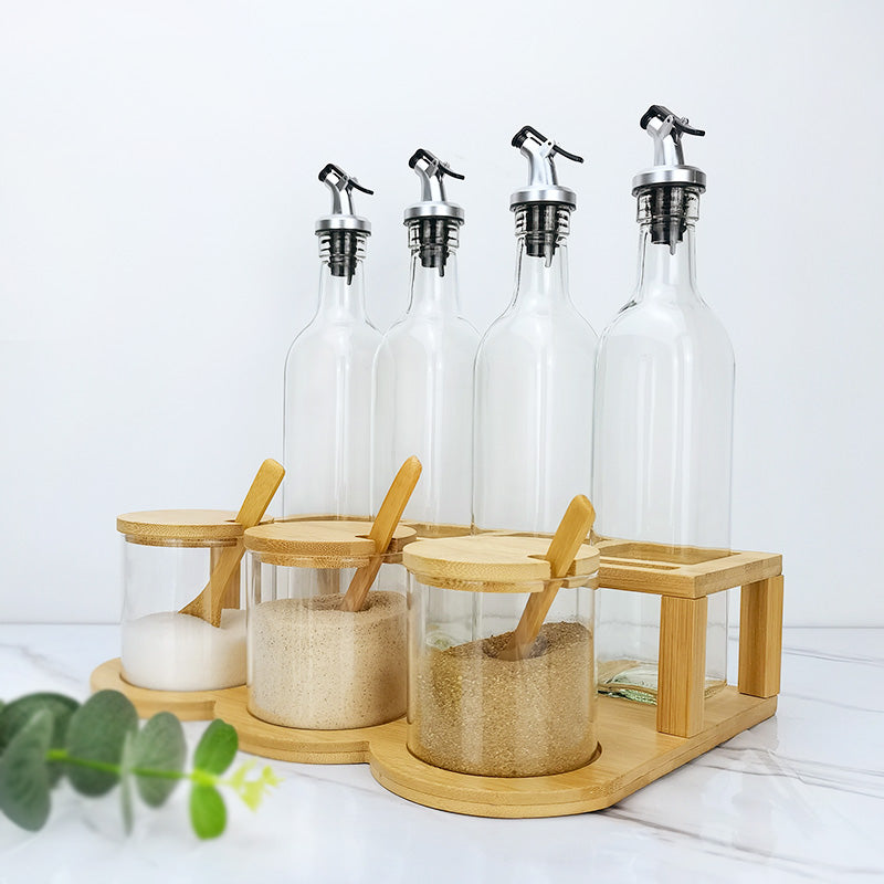 Bamboo and Glass Condiment Set with  Rack