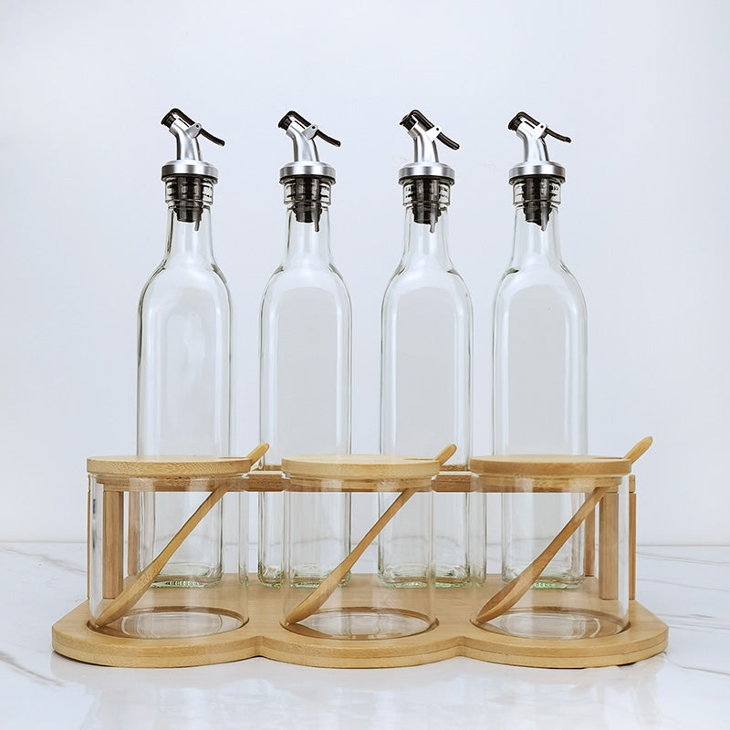 Bamboo and Glass Condiment Set with  Rack
