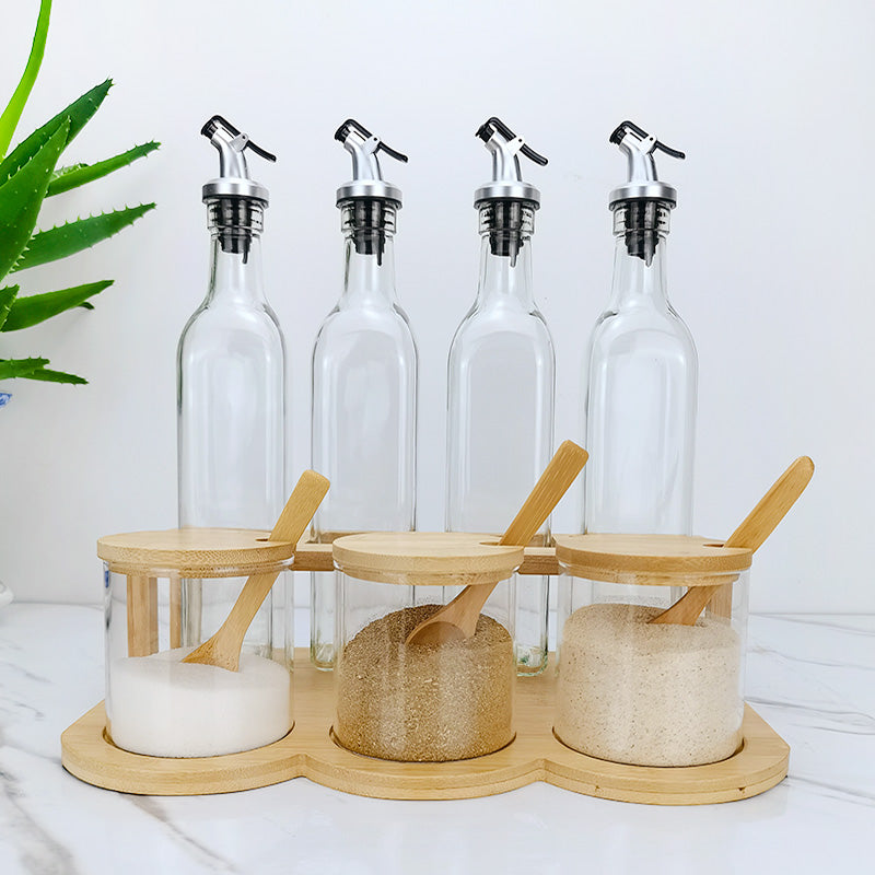 Bamboo and Glass Condiment Set with  Rack