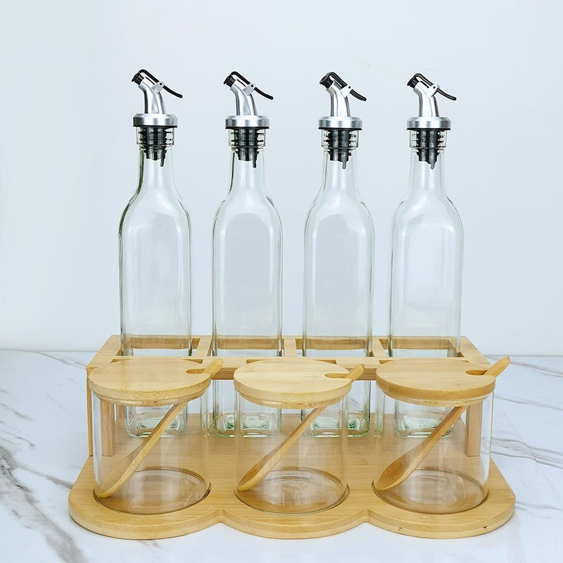 Bamboo and Glass Condiment Set with  Rack