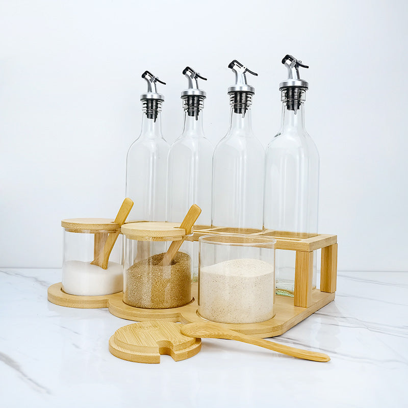 Bamboo and Glass Condiment Set with  Rack