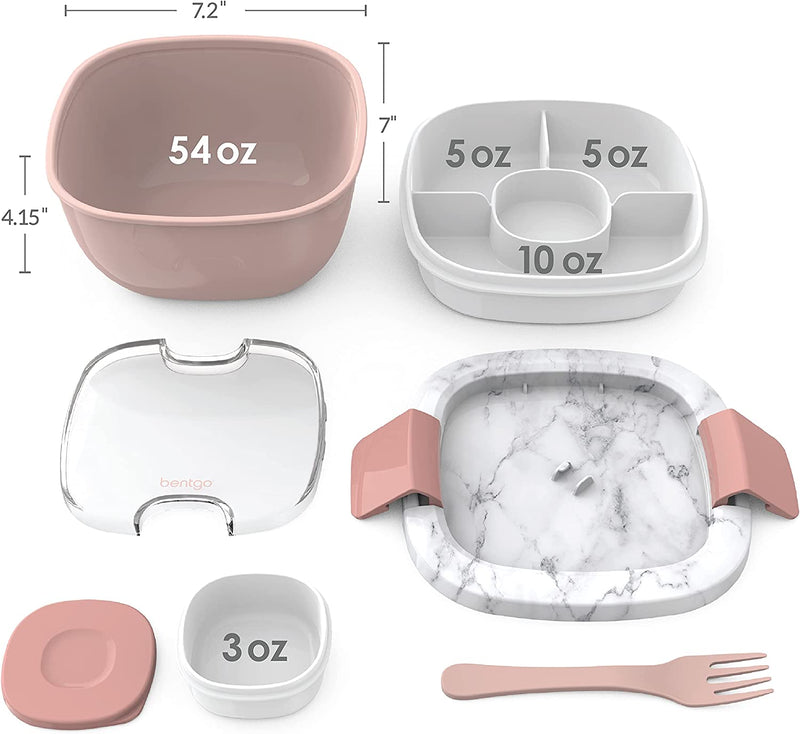 Salad - Stackable Lunch Container with Large Salad Bowl, 4-Compartment Bento-Style Tray for Toppings And Sauce Container