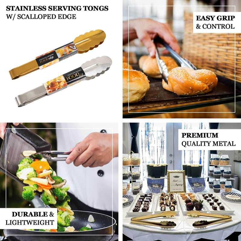 10-Pack Metal Serving Tongs Gold - Stainless Steel Food Safe Kitchen Tongs with Scalloped Gripping Edge for Indoor & Outdoor Gatherings 9.5