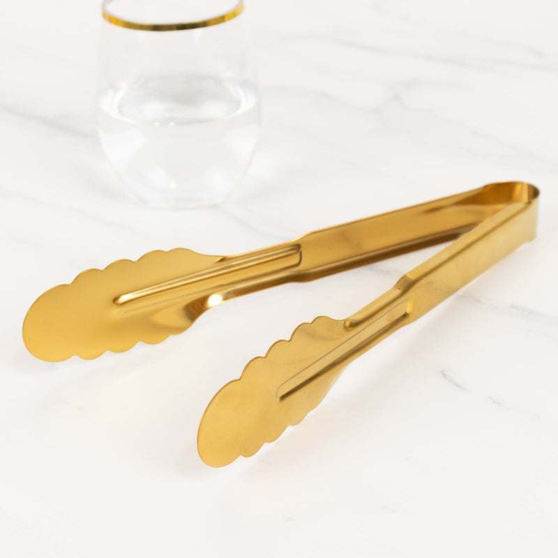 10-Pack Metal Serving Tongs Gold - Stainless Steel Food Safe Kitchen Tongs with Scalloped Gripping Edge for Indoor & Outdoor Gatherings 9.5
