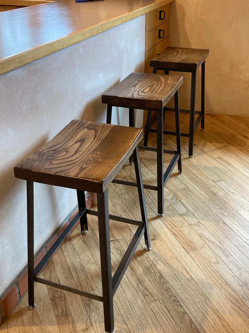 Saddle Seat Bar Stool, Counter Stool, Bar Stool Counter Height, Kitchen Island Stool, Reclaimed Wood Bar Stool, Industrial Metal Stool
